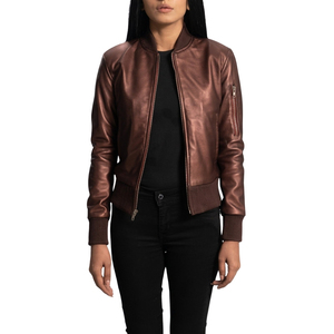 Chaqueta bomber de cuero PU color cobre metalizado para mujer, con cuello alto y cremallera, a prueba de viento. - Product Image 5