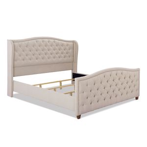 Set Letto Imbottito Marcella King Size con Testiera a Baldacchino, Beige Neutro, in Poliestere, Letti Imbottiti Moderni - Product Image 4