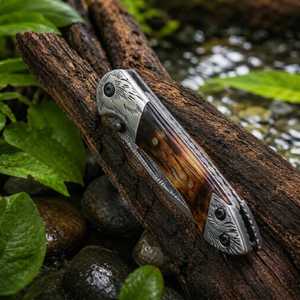 Folding Pocket Knife Stainless Steel Blade Straight <b>Back</b> Thumb Knob Artistic Engraving Wood Handle Camping Utility DIY Grade OEM - Product Image 3
