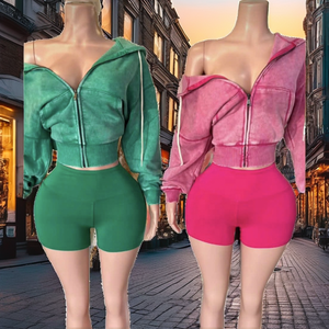 Conjunto de 2 Piezas para Mujer, Top Corto con Capucha y Cremallera, con Pantalones Cortos, Color Sólido, Estilo Deportivo, Primavera Verano, Tejido de Punto, Spandex, Poliéster - Product Image 2