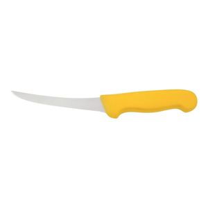 Couteaux à désosser à manche jaune avec lame de coupe étroite et incurvée argentée et protège-doigts ergonomique pour le travail de la volaille et de la viande - Product Image 1