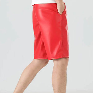 <b>Men</b> Red PU Coated Bermuda <b>Shorts</b> Button Fly Mid Waist Casual Solid Color With Pockets Breathable <b>Woven</b> Fabric - Product Image 5