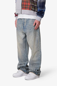 Jean en denim pour homme en coton, coupe large, délavé bleu vintage, orné de strass personnalisés de haute qualité, style streetwear hip-hop, OEM ODM - Product Image 5