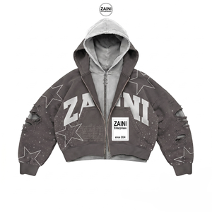 Men's Full-Zip Hoodie 350gsm Cotton/Polyester Woven Fabric Charcoal Gray Star Print Anti-Wrinkle Breathable Custom Logo Front - Product Image 1