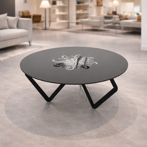 Table basse ronde contemporaine pour salon avec surface métallique décorative gravée et support de pieds en acier géométrique - Product Image 5