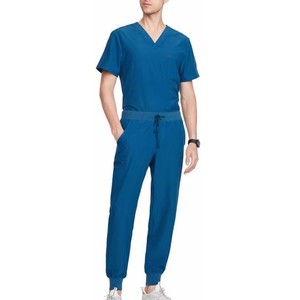 Trending Nursing Suit Men <b>Blue</b> V-Neck <b>Scrub</b> Set Cotton Polyester Woven Hospital Uniforms Pants with Pockets - Product Image 3