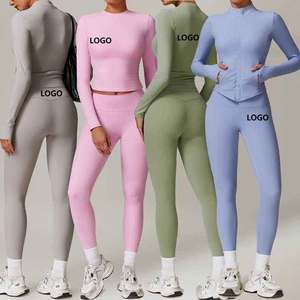 Ensemble de sport pour femme en tricot de spandex et polyester, respirant, sans couture, comprenant un crop top à col rond et un legging d'entraînement - Product Image 2