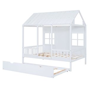 Letto a capanna in legno a grandezza naturale con letto estraibile singolo, divano letto in legno bianco per bambini - Product Image 6