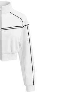 Chaqueta deportiva corta blanca para mujer con cremallera, para gimnasio y fitness, con ribetes negros en contraste, proveedor OEM. - Product Image 4