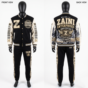 280 GSM Heavy Polyester Satin Winter Casual Solid Varsity Tracksuit Silver Gray Contrast Panel Custom Chenille <b>Embroidery</b> Logos - Product Image 1