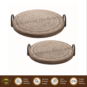 Hot Selling <b>Hand</b> Carved White <b>Wash</b> Color Round Shape Wooden Food Serving Tray <b>Set</b> of 2 Trays with Metal Handles From India - Product Image 4