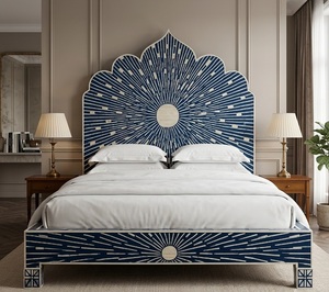 Cama King Size de Madera Maciza con Incrustaciones Azules y Marco Tallado a Mano, Muebles de Dormitorio Cómodos - Product Image 1