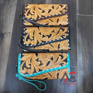 Pochette pour femme en cuir artisanal à motifs floraux, porte-monnaie et porte-cartes élégant de haute qualité, portefeuille long, sac de soirée - Product Image 1