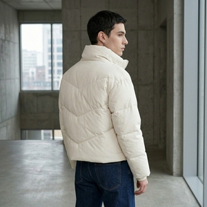 Unisex <b>White</b> Puffer <b>Jacket</b> Stand Collar <b>Short</b> Length Windproof Polyester Wadding Winter Casual Zipper Closure - Product Image 3