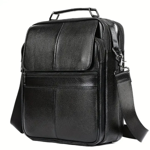 Sac messager en cuir véritable pour homme, couleur unie, sac bandoulière avec fermeture éclair, grande capacité, style professionnel - Product Image 1