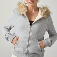 Veste d'hiver pour femme, coupe ajustée, avec logo personnalisé, gris chiné, imprimée, style streetwear, avec bordure en fausse fourrure, fermeture éclair intégrale, poches fendues
