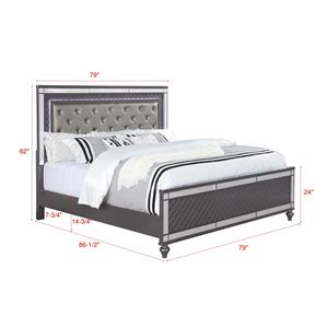 Letto King-Size in Stile Moderno Glam con Luci LED, 1 Pannello in Ecopelle, Testiera Imbottita con Bottoni Trapuntati, Inserti in Vetro, Finitura Grigia - Product Image 4
