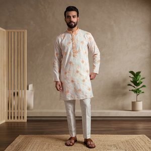 <b>Men</b> White Orange Printed <b>Kurta</b> <b>Pajama</b> Set Regular Fit Traditional Indian Pakistani Knee-Length - Product Image 1