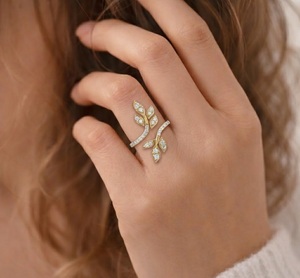 925 Sterling Silver Ring 10K/14K Gold Lab Diamond Ring 0.38ct Leaf Vine Bypass Open Ring Diamond Floral <b>Wrap</b> Ring Wedding Band - Product Image 5