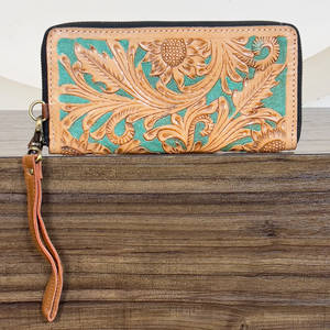 Cartera de mano de cuero genuino de alta calidad con diseño de girasol grabado a mano para mujer, tarjetero y monedero de muñeca desmontable, novedad 2026 - Product Image 5