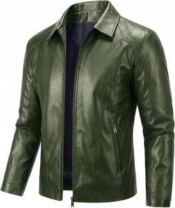 Veste Safari en Cuir Tissé Coupe Slim pour Homme, Col Montant, Fermeture Éclair, Vert Uni, Longueur Standard, Décontractée, Idéale pour l'Automne - Product Image 1