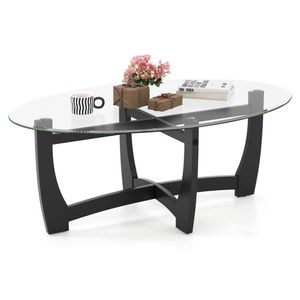 Tavolino da Caffè Ovale con Piano in Vetro Temperato e Gambe in Legno di Gomma - Product Image 1