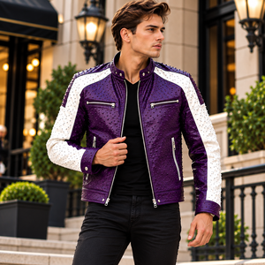 <b>Men's</b> <b>Purple</b> Ostrich Leather Biker Jacket – Giacca in Pelle Premium da Uomo con Borchie e Design Moto - Product Image 3