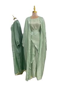 Summer Shiny 3-Piece Satin Silk Modesty Muslim Outfits Kimono Long Dress Wrap Tie Skirt Matching Ramadan Eid Outfit - Product Image 1