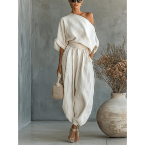 Womens Minimalist One Shoulder <b>Linen</b> CoOrd <b>Set</b> Relaxed Top & Harem Pants - Product Image 3