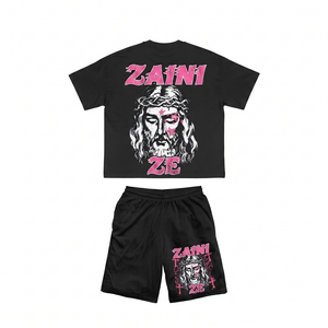 Ensemble T-shirt et short pour homme ZAINI, été, décontracté, respirant, 280 GSM, tissu en polyester 100% Terry, rose vintage, logo personnalisé - Product Image 2