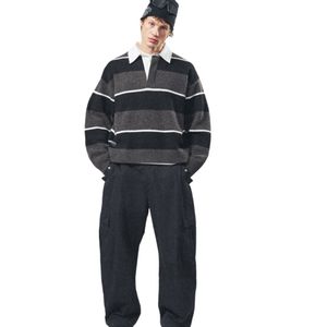 Pull Polo Tricoté Rayé pour Homme, Col Contrastant, Manches Longues, Gris Anthracite, Décontracté, Hiver, Mélange Coton Doux, OEM - Product Image 6