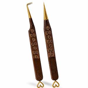 Gold Plated Eyelash Tweezers With Heart Design <b>Brown</b> Handle Precision Tip For <b>Lash</b> Application - Product Image 1
