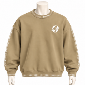 Mens Khaki <b>Stitched</b> Border Distressed Crewneck Sweatshirt <b>Oversized</b> Pullover Long Sleeve Casual Streetwear Everyday Fashion Top - Product Image 1