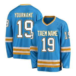 Maillot de hockey sur glace bleu uni 100% polyester pour homme, tissu en maille 220g, séchage rapide, manches longues, col en V, pull-over, vêtements d'équipe personnalisés - Product Image 1