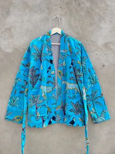 Blue Tropical Animal Print Cotton Boho <b>Jacket</b> Women Casual Open Front Long Sleeve <b>Lightweight</b> <b>Summer</b> Wear - Product Image 3