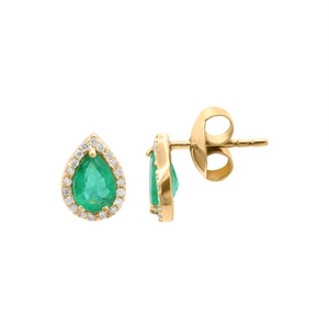 Pendientes de Oro Amarillo de 18k con Esmeralda Natural en Forma de Pera y Halo de Diamantes, Joyas Memoria, Venta al Por Mayor - Product Image 4