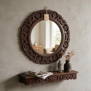 Miroir mural décoratif avec cadre floral sculpté, finition brune, fait main, contemporain, pour salon, chambre, salle de bain, décoration intérieure REHMAN - Product Image 1