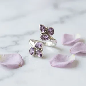 925 Sterling Silver Amethyst Gemstone <b>Ring</b> Set Handmade Jewelry Purple Faceted Stones Leaf Design Elegant <b>Statement</b> <b>Rings</b> - Product Image 4