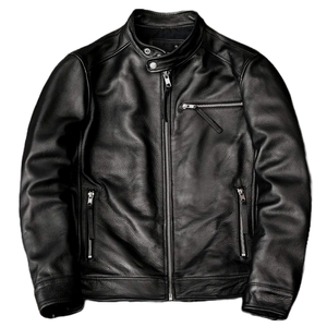 Chaqueta de Motociclista de Cuero Genuino para Hombre, Cuello Alto, Cierre de Cremallera, Color Sólido, Corte Regular, para Otoño - Product Image 1
