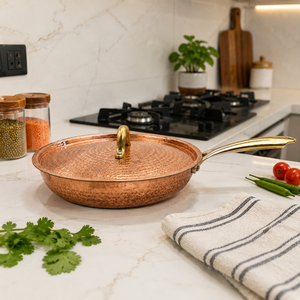 100% Pure Handmade Hammered Copper Frying <b>Pan</b> with Lid, Premium Copper Skillet, Brass <b>Handle</b> Chef Cookware, OEM ODM Wholesale - Product Image 3