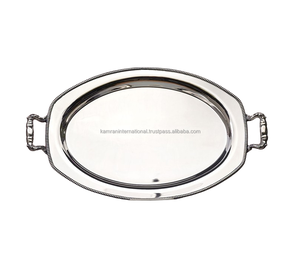 Bandeja de servicio ovalada plateada, de latón plateado, con asas - Product Image 3