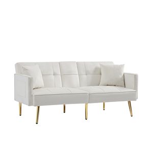 Divano Letto Futon in Velluto Bianco Crema con Gambe in Metallo Dorato, Elegante e Raffinato - Product Image 4