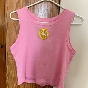 <b>Pink</b> Cotton Sleeveless Tank <b>Top</b> Yellow Lemon Beaded Patch Embroidery Summer Beach Crop Vest <b>Women</b> Casual Fruit Theme Shirt - Product Image 1