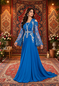 Robe caftan marocaine longue en velours prune Mishkat Couture à col en V et manches longues, broderie artisanale, respirante, élégante, ourlet évasé, style musulman - Product Image 4