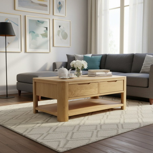 Table basse en bois de style traditionnel avec étagère ouverte et 2 tiroirs pour salon, en pin. Demande OEM/ODM Premium. - Product Image 4