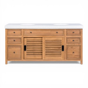 Meuble-lavabo de salle de bain de luxe en teck massif, écoresponsable, fait main, durable, avec double vasque, meuble de rangement en ciment terrazzo et tiroirs coulissants - Product Image 4