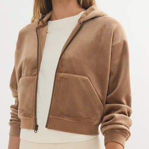 Women's Hooded Fleece <b>Zip</b>-<b>Up</b> <b>Crop</b> Jacket Solid Color Full Sleeve Autumn Winter Windproof 100% Cotton - Product Image 3