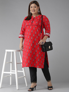 Kurti Recto de Algodón Rojo con Estampado Floral para Mujer, Talla Grande, Cuello en V y Mangas Tres Cuartos, Venta al Por Mayor - Product Image 4