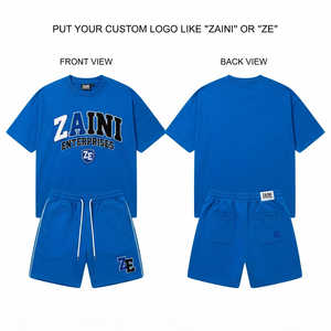 Ensemble de t-shirts pour hommes ZAINI, ensemble court, polyester de qualité supérieure 280 GSM, tissu éponge français, bleu royal, broderie personnalisée, impression de logo, fabricant OEM ODM - Product Image 1