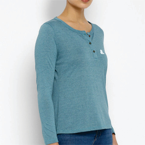 <b>Women's</b> Solid Color O-Neck Long Sleeve <b>Henley</b> T-<b>Shirt</b> Buttons Regular Fit Casual Nonwoven Top Breathable Cotton Plain Dyed Logo - Product Image 4